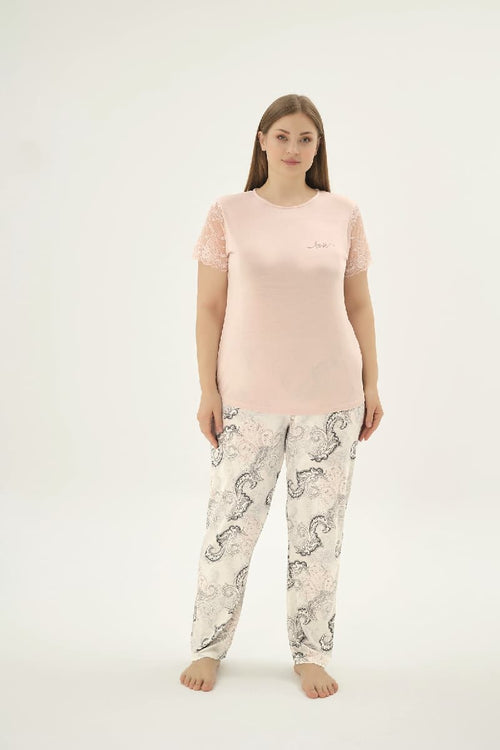 16917 KADIN TAŞ BASKILI BIG SIZE PİJAMA TAKIM