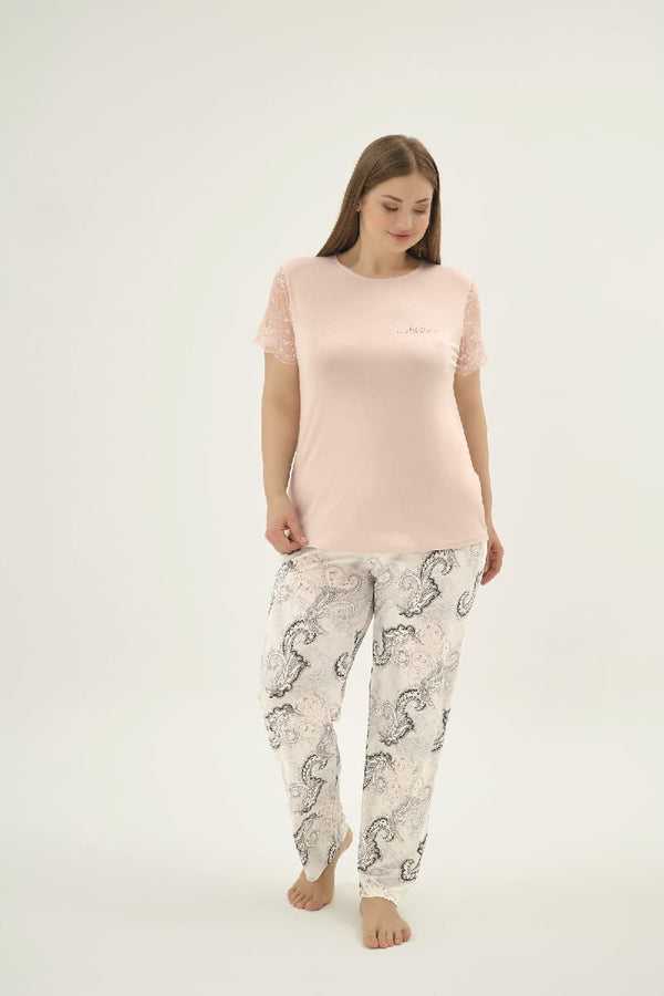 16917 KADIN TAŞ BASKILI BIG SIZE PİJAMA TAKIM