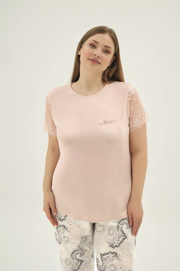 16917 KADIN TAŞ BASKILI BIG SIZE PİJAMA TAKIM