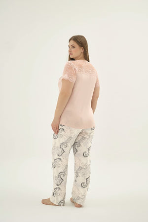 16917 KADIN TAŞ BASKILI BIG SIZE PİJAMA TAKIM