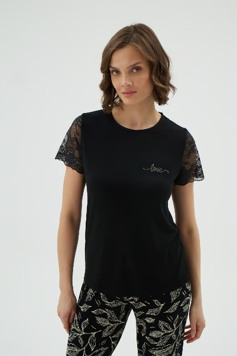 17052 KADIN TAŞ BASKILI PİJAMA TAKIM