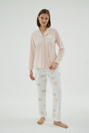 17070 KADIN NAKIŞLI DÜĞMELİ PİJAMA TAKIM