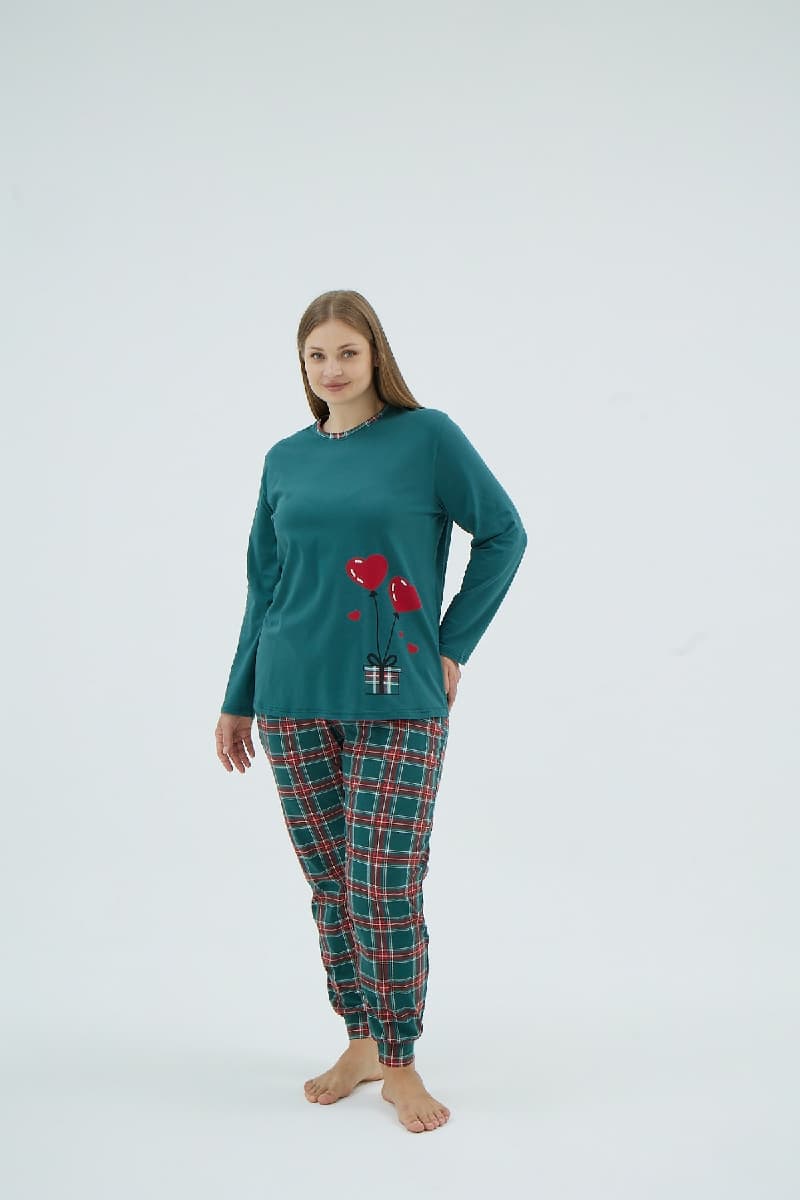 17087 KADIN BATTAL BOY BASKILI PİJAMA TAKIM