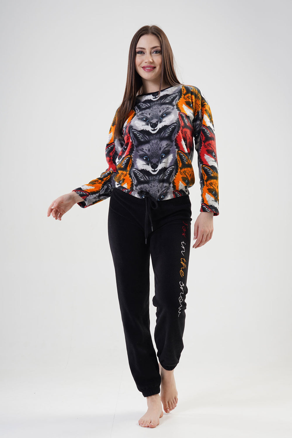 BAYAN POLAR O YAKA DUSUK OMUZLU UZUN KOL BELI PACASI BUZGULU PIJAMA TAKIM