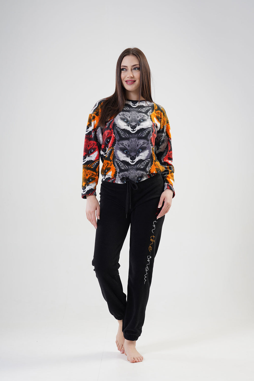 BAYAN POLAR O YAKA DUSUK OMUZLU UZUN KOL BELI PACASI BUZGULU PIJAMA TAKIM