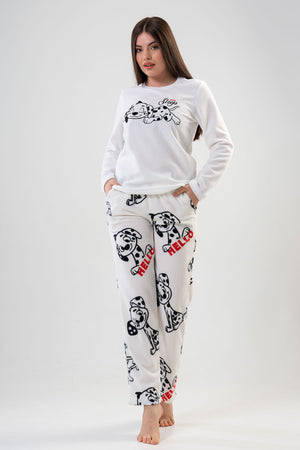 BAYAN POLAR O YAKA UZUN KOL ETEGI OVAL CEPLI PIJAMA TAKIM