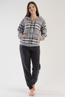 KADIN POLAR KAPSONLU DUSUK OMUZLU UZUN KOL FERMUARLI KANGURU CEPLI MANSETLI PIJAMA TAKIM