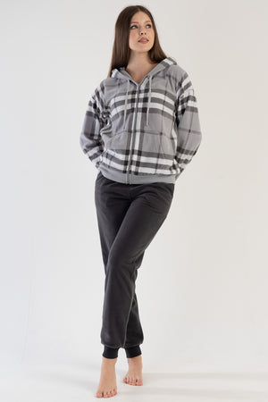 KADIN POLAR KAPSONLU DUSUK OMUZLU UZUN KOL FERMUARLI KANGURU CEPLI MANSETLI PIJAMA TAKIM