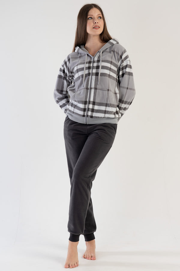 KADIN POLAR KAPSONLU DUSUK OMUZLU UZUN KOL FERMUARLI KANGURU CEPLI MANSETLI PIJAMA TAKIM