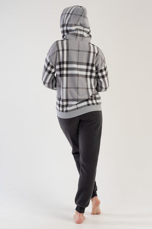 KADIN POLAR KAPSONLU DUSUK OMUZLU UZUN KOL FERMUARLI KANGURU CEPLI MANSETLI PIJAMA TAKIM