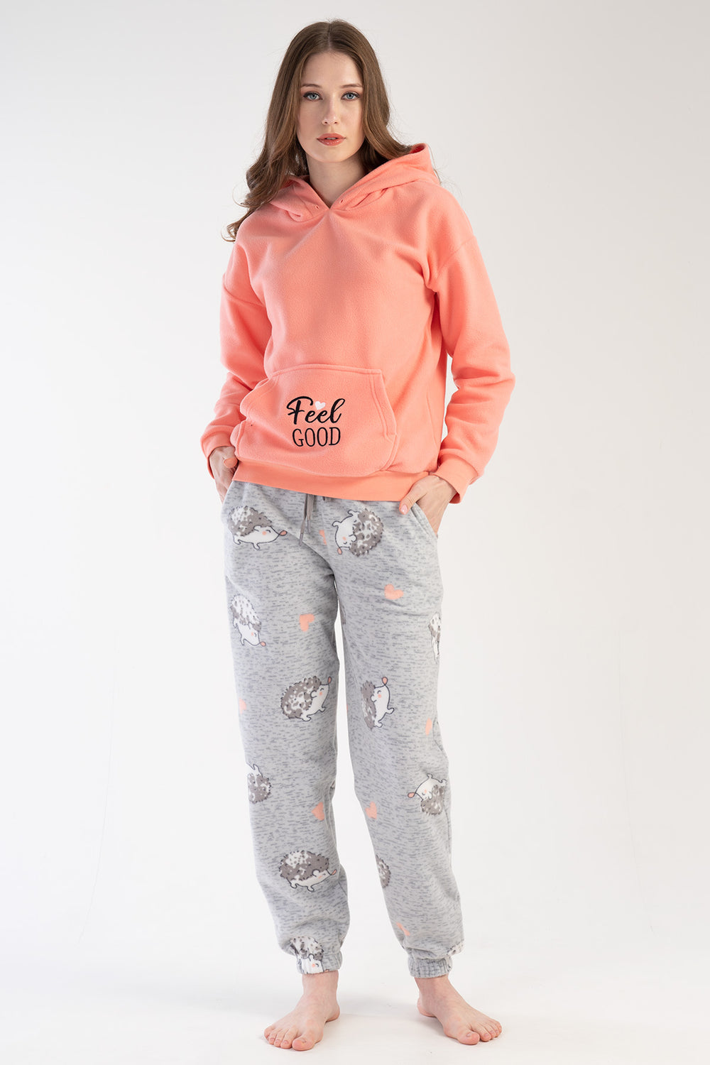 KADIN POLAR KAPSONLU DUSUK OMUZLU UZUN KOL KANGURU CEPLI MANSETLI PACASI BUZGULU CEPLI PIJAMA TAKIM