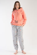 KADIN POLAR KAPSONLU DUSUK OMUZLU UZUN KOL KANGURU CEPLI MANSETLI PACASI BUZGULU CEPLI PIJAMA TAKIM