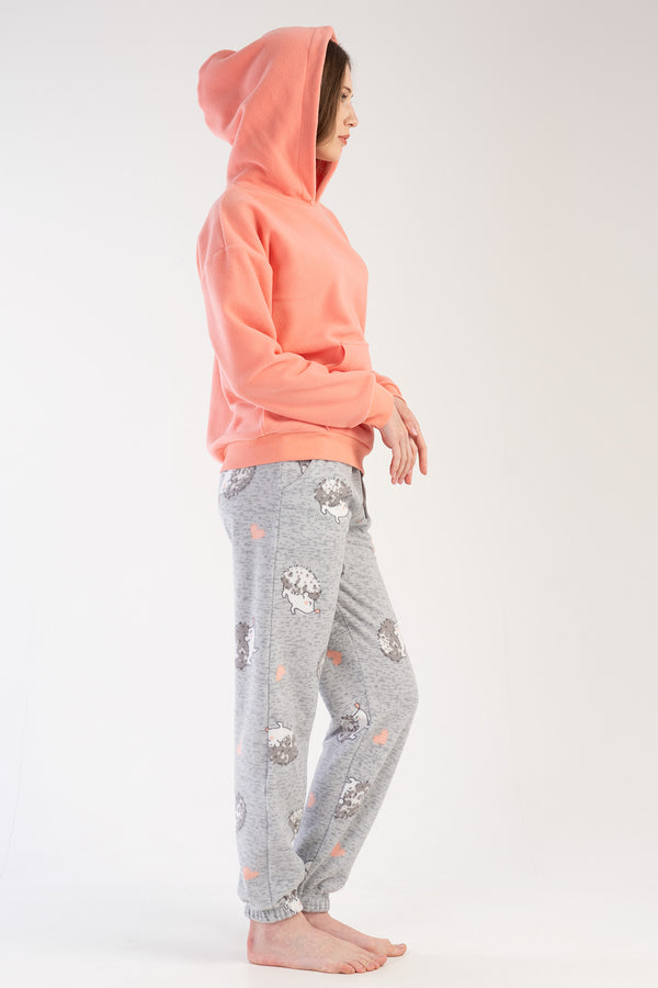 KADIN POLAR KAPSONLU DUSUK OMUZLU UZUN KOL KANGURU CEPLI MANSETLI PACASI BUZGULU CEPLI PIJAMA TAKIM