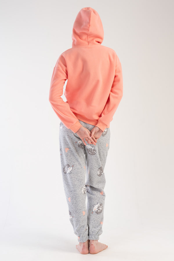 KADIN POLAR KAPSONLU DUSUK OMUZLU UZUN KOL KANGURU CEPLI MANSETLI PACASI BUZGULU CEPLI PIJAMA TAKIM