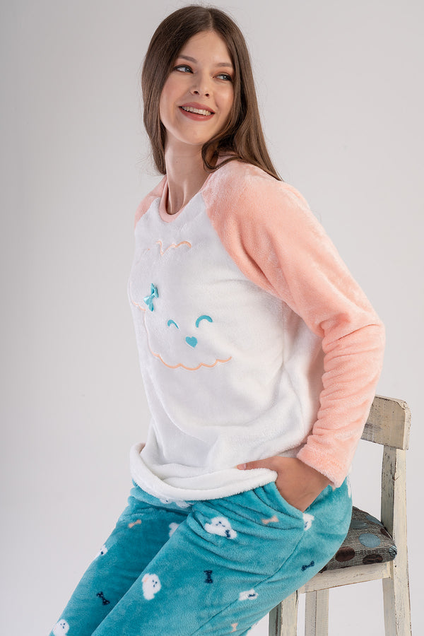 KADIN SOFT O YAKA REGLAN UZUN KOL ETEGI OVAL CEPLI PIJAMA TAKIM