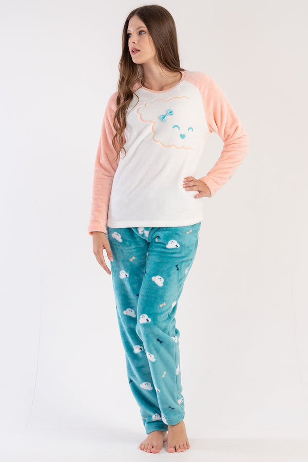 KADIN SOFT O YAKA REGLAN UZUN KOL ETEGI OVAL CEPLI PIJAMA TAKIM