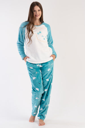 KADIN SOFT O YAKA REGLAN UZUN KOL ETEGI OVAL CEPLI PIJAMA TAKIM
