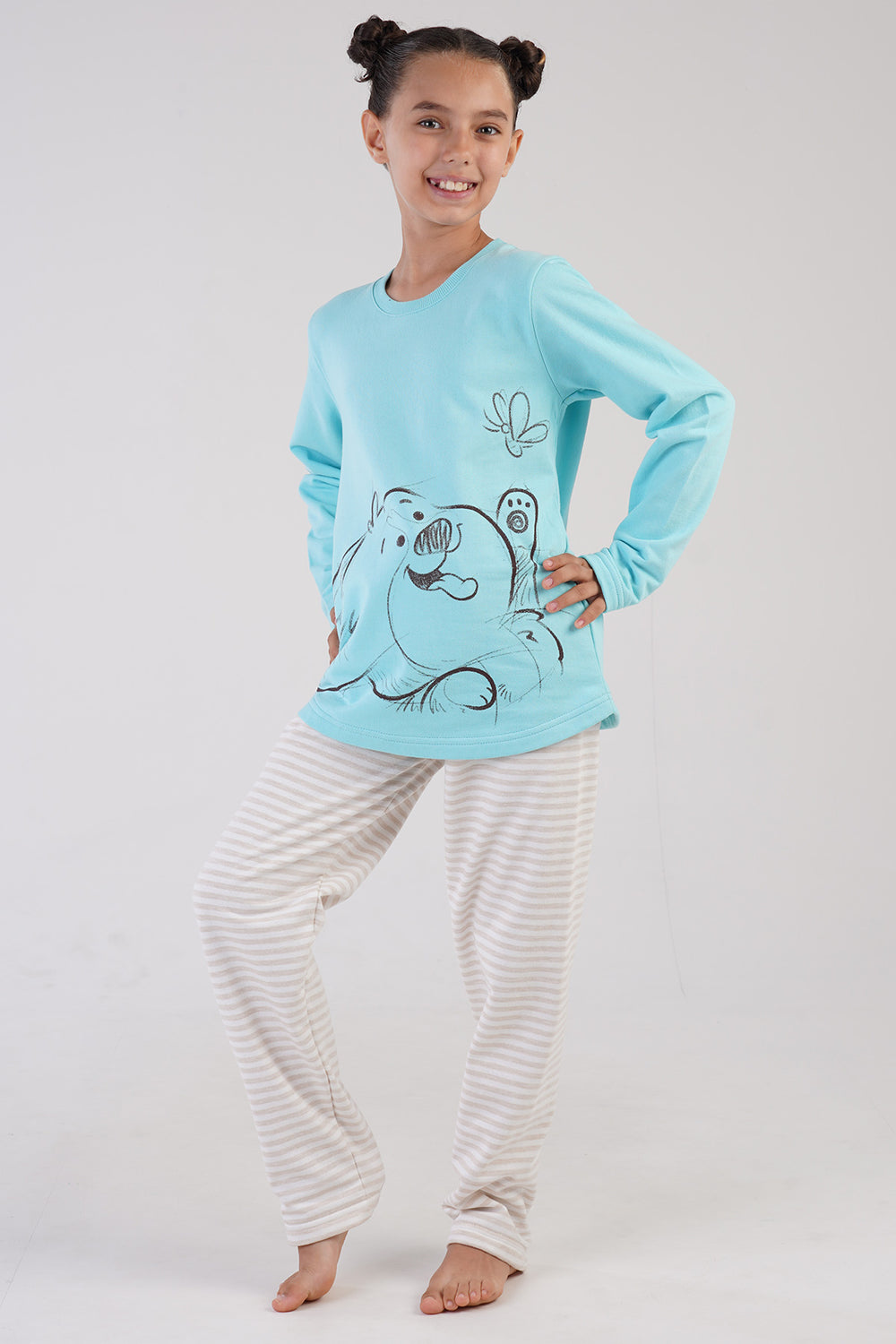 KIZ COCUK 2IPLIK O YAKA UZUN KOL ETEGI OVAL PIJAMA TAKIM(7-8/13-14)