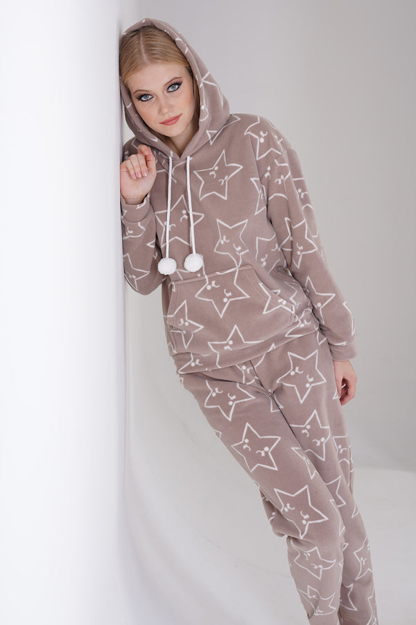 KADIN POLAR KAPSONLU DUSUK OMUZLU KANGURU CEPLI MANSETLI CEPLI PIJAMA TAKIM