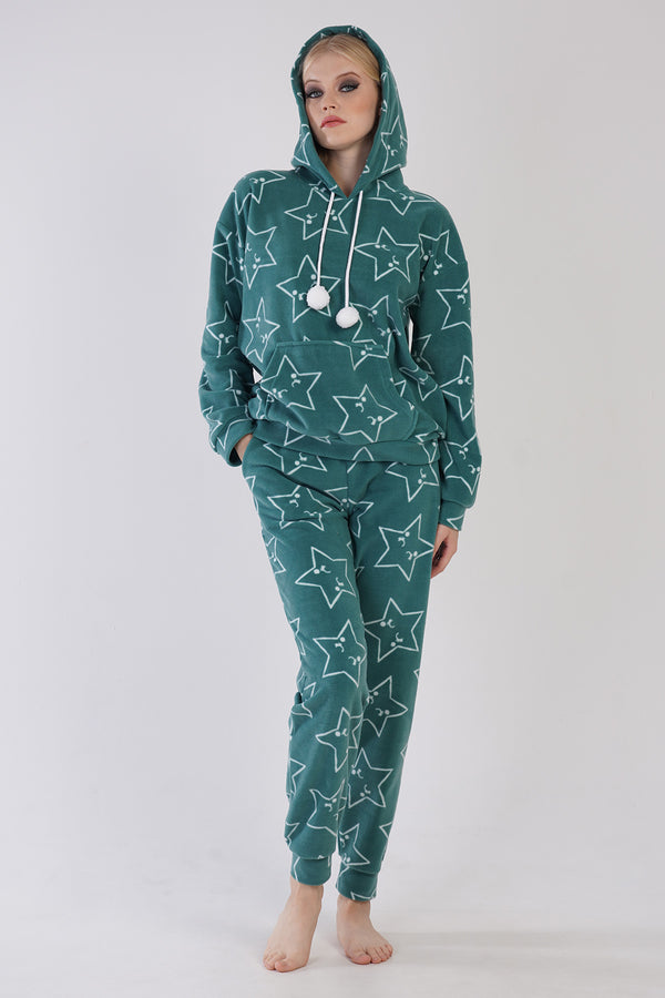 KADIN POLAR KAPSONLU DUSUK OMUZLU KANGURU CEPLI MANSETLI CEPLI PIJAMA TAKIM