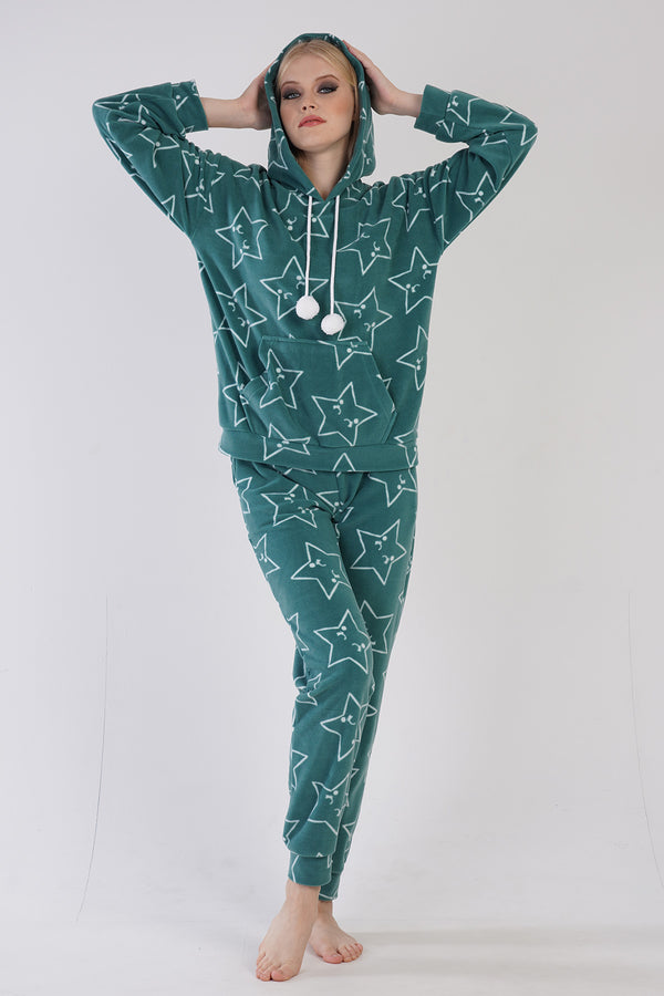 KADIN POLAR KAPSONLU DUSUK OMUZLU KANGURU CEPLI MANSETLI CEPLI PIJAMA TAKIM