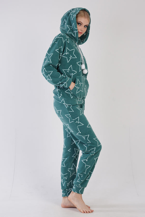 KADIN POLAR KAPSONLU DUSUK OMUZLU KANGURU CEPLI MANSETLI CEPLI PIJAMA TAKIM