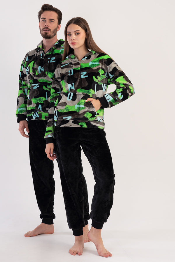 KADIN SOFT KAPSONLU DUSUK OMUZLU YARIM FERMUARLI UZUN KOL KANGURU CEPLI MANSETLI PIJAMA TAKIM