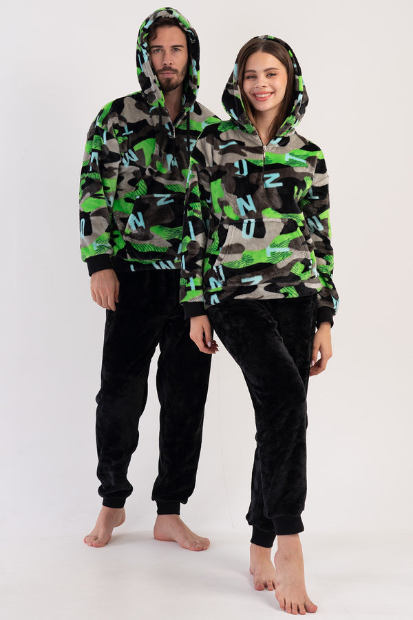 KADIN SOFT KAPSONLU DUSUK OMUZLU YARIM FERMUARLI UZUN KOL KANGURU CEPLI MANSETLI PIJAMA TAKIM