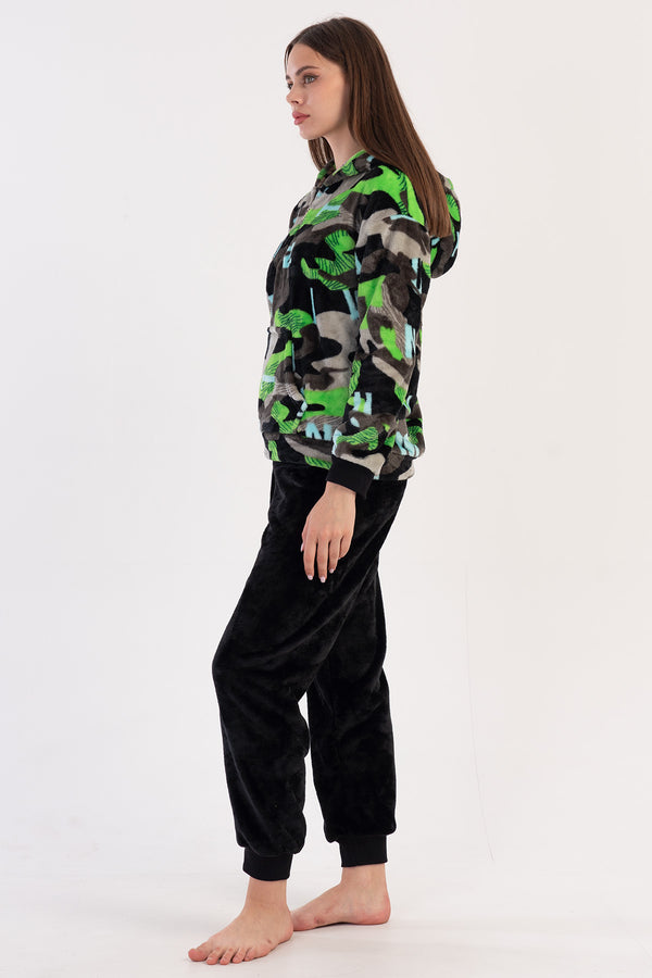 KADIN SOFT KAPSONLU DUSUK OMUZLU YARIM FERMUARLI UZUN KOL KANGURU CEPLI MANSETLI PIJAMA TAKIM