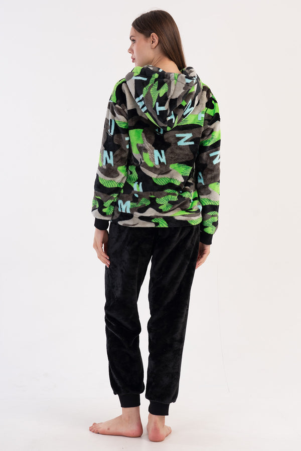 KADIN SOFT KAPSONLU DUSUK OMUZLU YARIM FERMUARLI UZUN KOL KANGURU CEPLI MANSETLI PIJAMA TAKIM