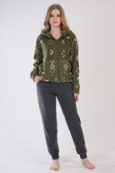 KADIN POLAR KAPSONLU DUSUK OMUZLU FERMUARLI UZUN KOL MANSETLI CEPLI PIJAMA TAKIM