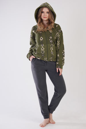 KADIN POLAR KAPSONLU DUSUK OMUZLU FERMUARLI UZUN KOL MANSETLI CEPLI PIJAMA TAKIM