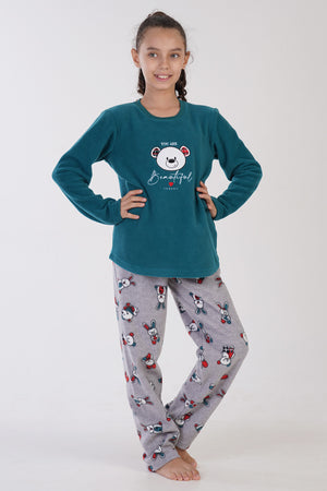 KIZ COCUK POLAR O YAKA UZUN KOL ETEGI OVAL PIJAMA TAKIM(9-10/15-16)