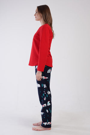 KADIN POLAR O YAKA UZUN KOL ETEGI OVAL CEPLI PIJAMA TAKIM