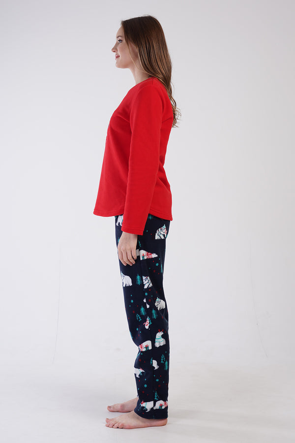 KADIN POLAR O YAKA UZUN KOL ETEGI OVAL CEPLI PIJAMA TAKIM