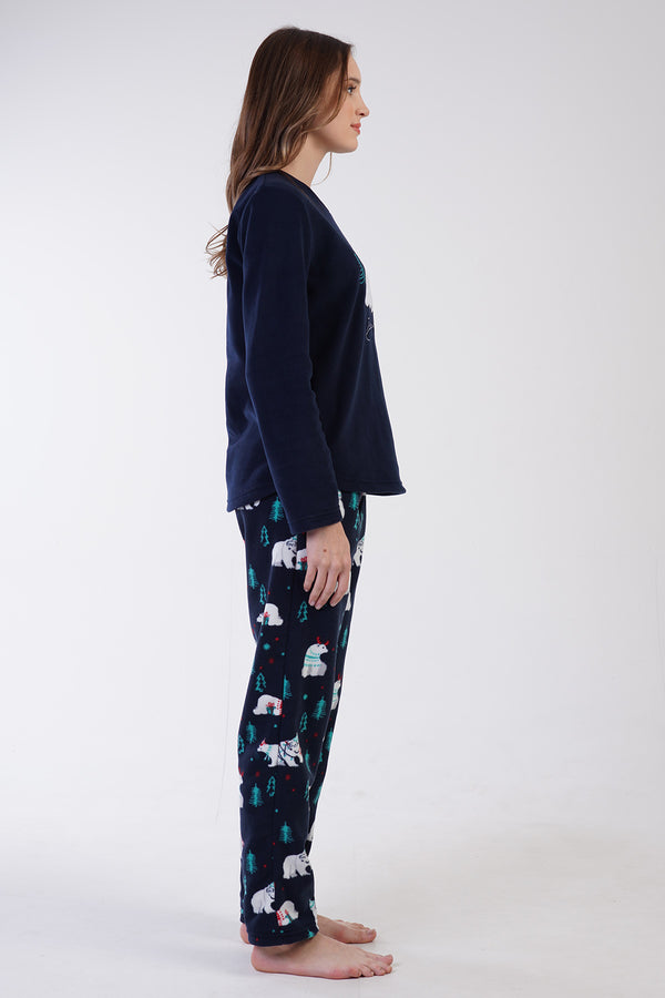 KADIN POLAR O YAKA UZUN KOL ETEGI OVAL CEPLI PIJAMA TAKIM