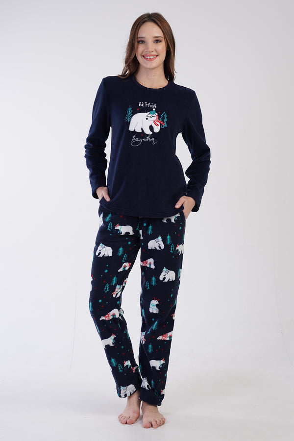 KADIN POLAR O YAKA UZUN KOL ETEGI OVAL CEPLI PIJAMA TAKIM