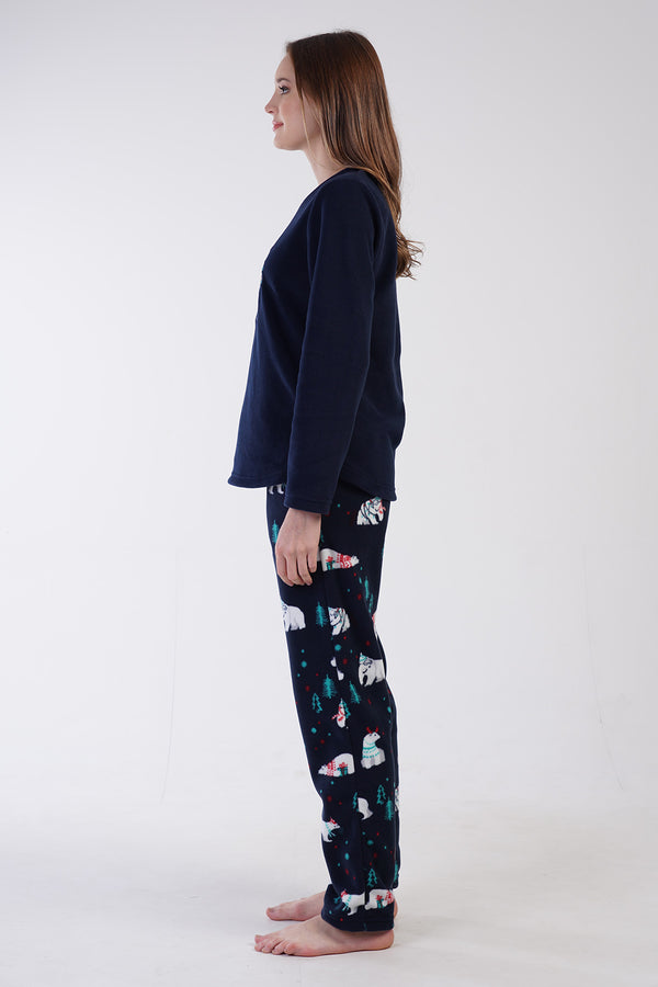 KADIN POLAR O YAKA UZUN KOL ETEGI OVAL CEPLI PIJAMA TAKIM