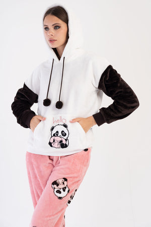 KADIN SOFT KAPSONLU DUSUK OMUZLU UZUN KOL KANGURU CEPLI MANSETLI PACASI BUZGULU CEPLI PIJAMA TAKIM