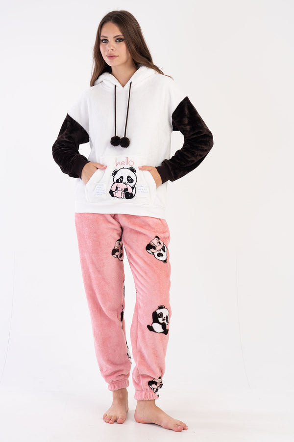 KADIN SOFT KAPSONLU DUSUK OMUZLU UZUN KOL KANGURU CEPLI MANSETLI PACASI BUZGULU CEPLI PIJAMA TAKIM