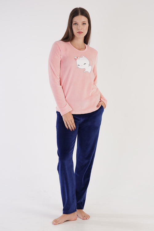KADIN KADIFE O YAKA UZUN KOL ETEGI OVAL CEPLI PIJAMA TAKIM