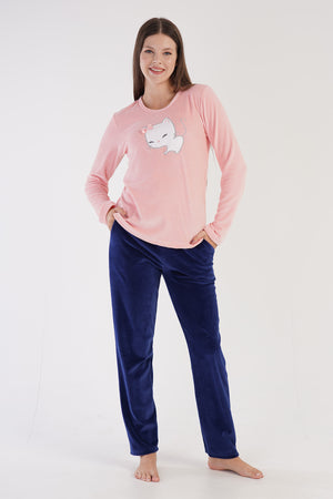 KADIN KADIFE O YAKA UZUN KOL ETEGI OVAL CEPLI PIJAMA TAKIM