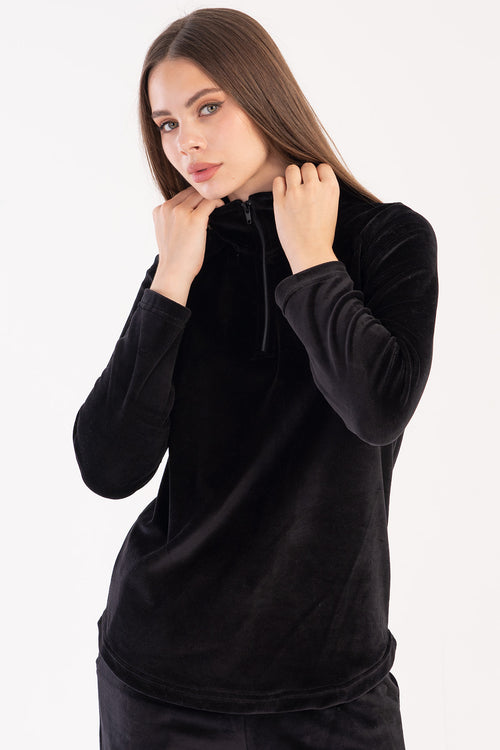 KADIN KADIFE YAKALI YARIM FERMUARLI UZUN KOL ETEGI OVAL CEPLI PIJAMA TAKIM