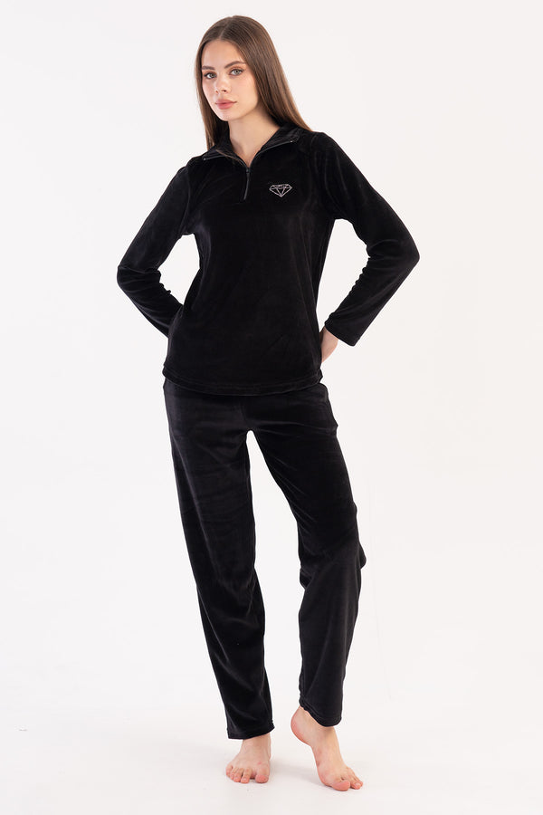 KADIN KADIFE YAKALI YARIM FERMUARLI UZUN KOL ETEGI OVAL CEPLI PIJAMA TAKIM