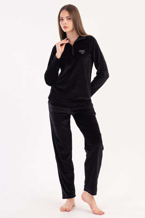 KADIN KADIFE YAKALI YARIM FERMUARLI UZUN KOL ETEGI OVAL CEPLI PIJAMA TAKIM