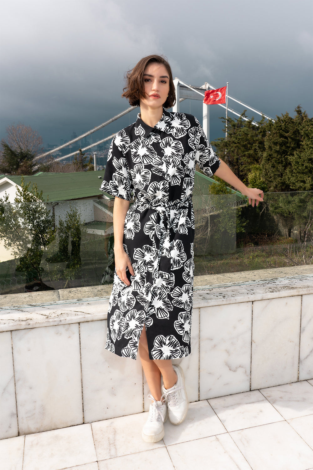 KADIN BELMANDO GOMLEK YAKA TAMAMI DUGMELI DOUBLE KISA KOL UZUN GOMLEK CEPLI TUNIK