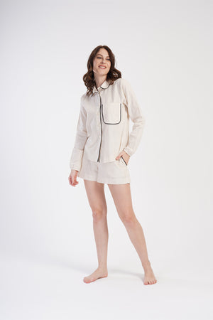 KADIN KETEN GOMLEK YAKA TAMAMI DUGMELI BUZGULU UZUN KOL CEPLI SORT TAKIM