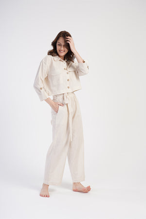 KADIN KETEN GOMLEK YAKA TAMAMI DUGMELI APOLETLI 7/8KOL CEPLI PIJAMA TAKIM