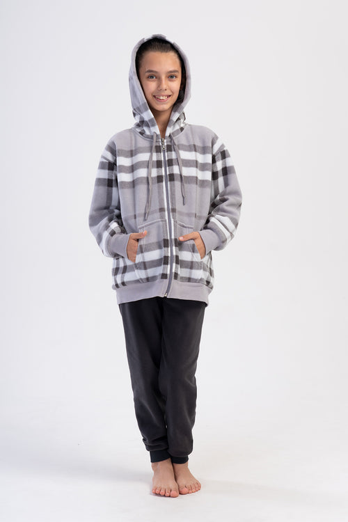 KIZ COCUK POLAR KAPSONLU DUSUK OMUZLU UZUN KOL FERMUARLI KANGURU CEPLI MANSETLI PIJAMA TAKIM(9-10/15-16)