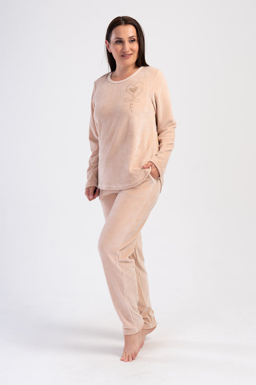 KADIN KADIFE XXL O YAKA UZUN KOL ETEGI OVAL CEPLI PIJAMA TAKIM